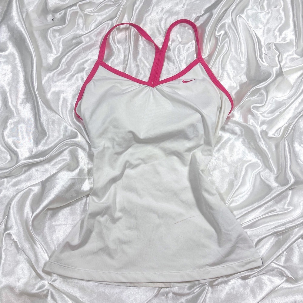 y2k Tank Top White Excellent Nike Dri-FIT Pink Trim Racerback Shelf Bra Camisole